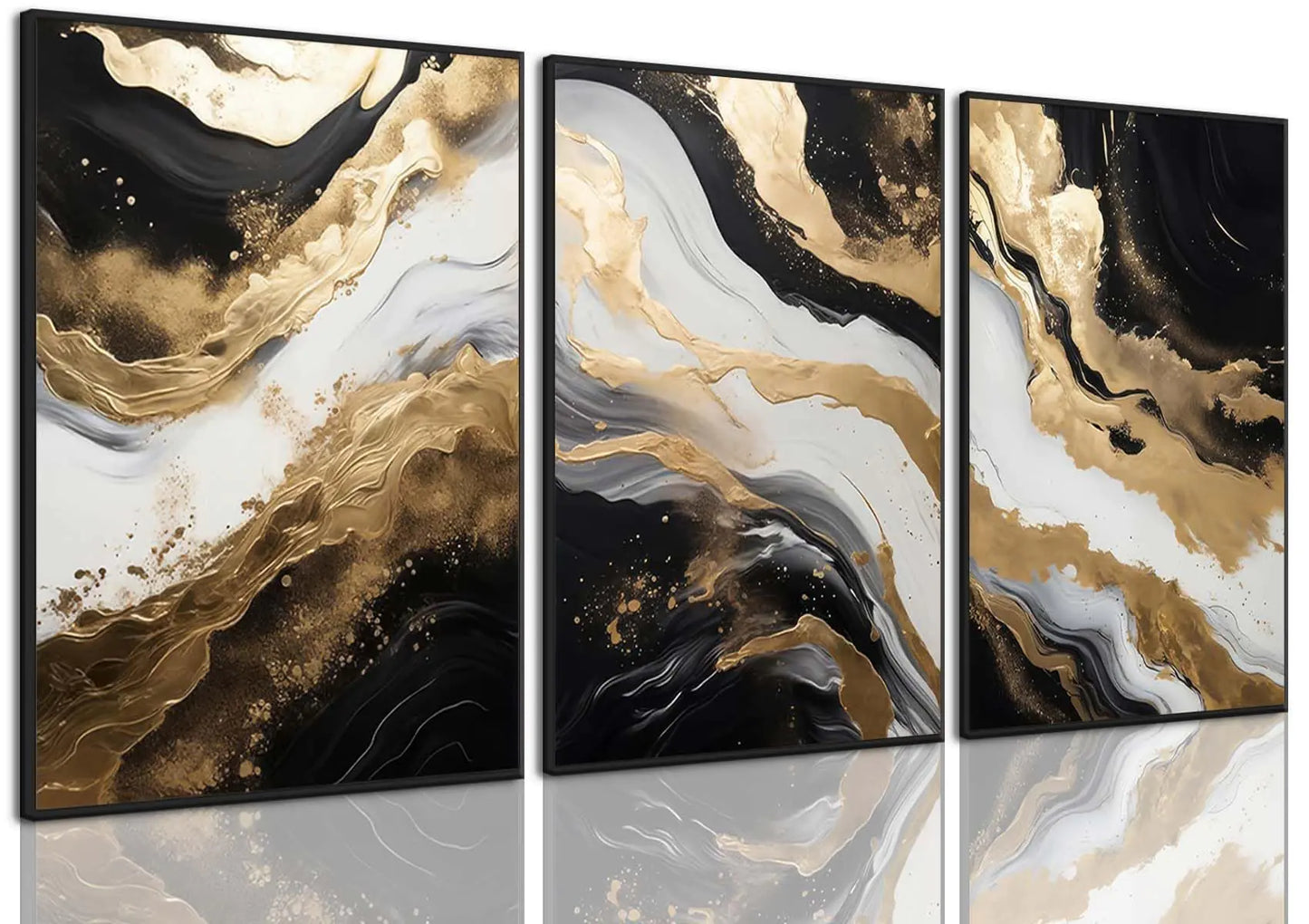 Framed Abstract Wall Art Black and Gold Canvas Black Marble Pictures Decor Modern Gold Foil Artwork Prints White Grey Painting Set of 3 for Living Room Bedroom Office Bathroom 16x24