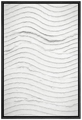 Framed Canvas Print Wall Art Grunge White Gray Minimal Wave Collage Abstract Shapes Digital Art Modern Art Decorative Elements Duotone for Living Room Bedroom Office - 16"x24" Black