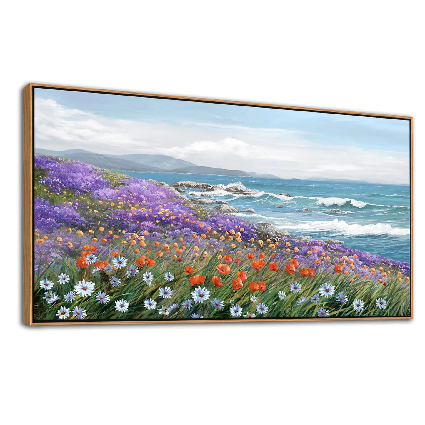 Framed Canvas Wall Art Coastal Wall Art Landscape Prints - Ocean Daisy Farmhouse Flower Paintings for Living Room & Bedroom Pictures Wall Decor Modern Seascape Wall Decoration 20×40IN