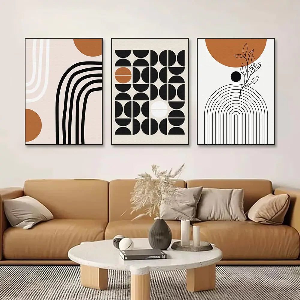 Geometry Abstract Large Frame Canvas Wall Art Living Room Wall Decor Bohemian Black Brown Beige Line Modern Home Decorative Painting For living room Office Bedroom 3-piece Set 24 "X 32"
