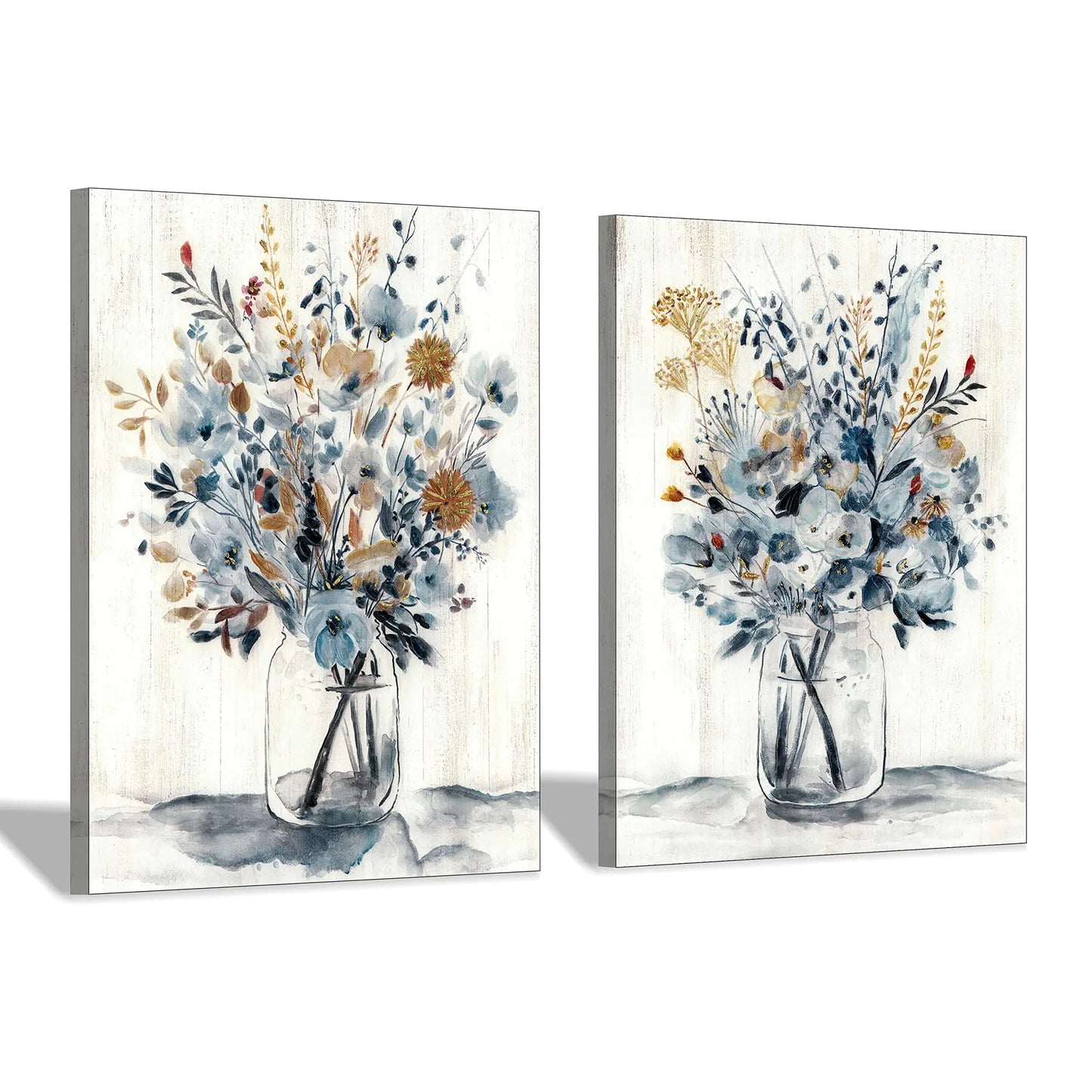 Floral Painting Canvas Wall Art: Abstract Flower Bouquet in Glass Bottle Picture Print for Dining Room (18 x 24 x 2 Panels)