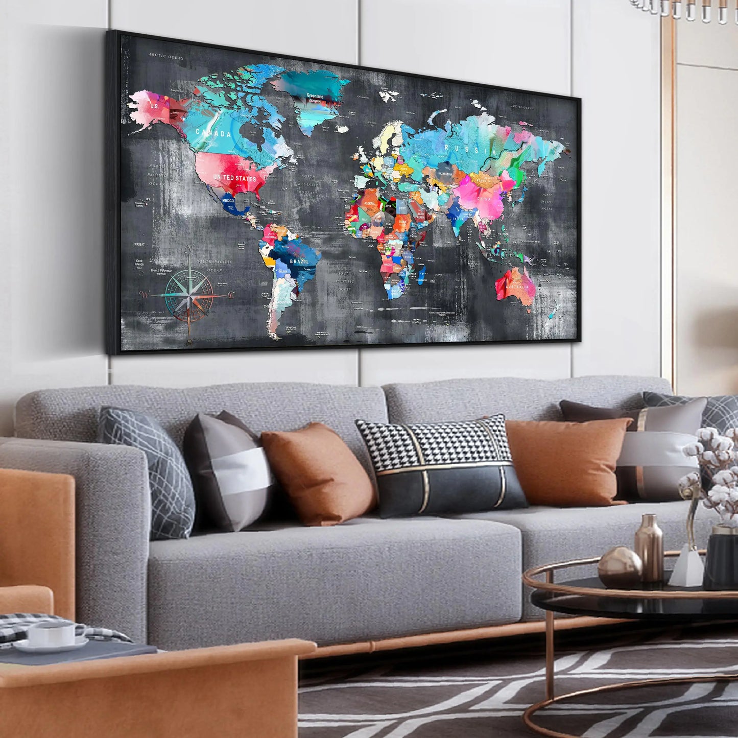 World Map Canvas Wall Art with Frame - Office Artwork Wall Decor - Teal and Gray Wall Art for Living Room Large Size Ready to Hang Size 30" x 60"