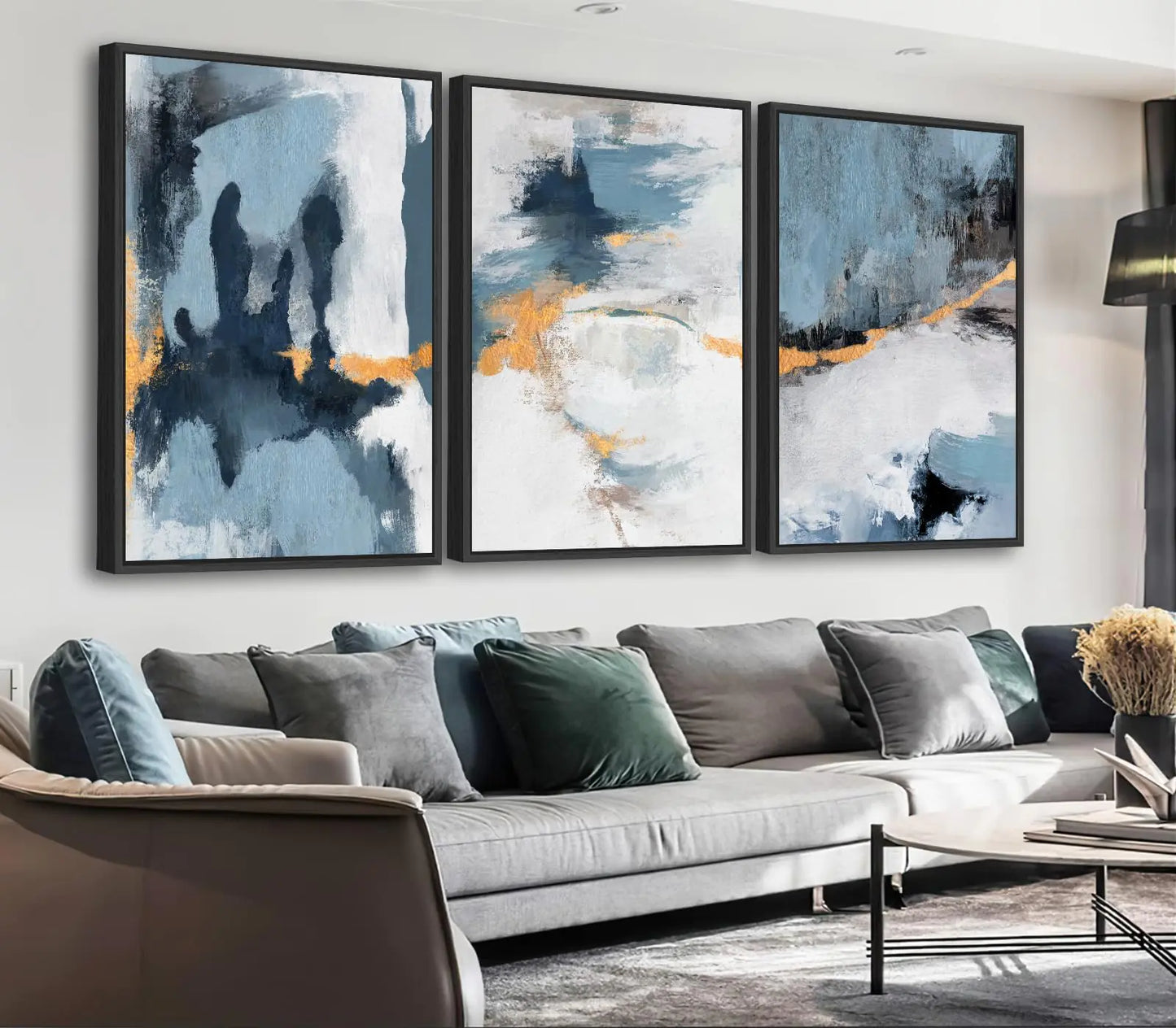 Large Framed Abstract Wall Art - Natural Framed Canvas Pictures for Living Room Modern Canvas Prints Grey Blue for Bedroom Black Float Frame Art for Home Office Kitchen Decor 16" X 24" X 3pcs