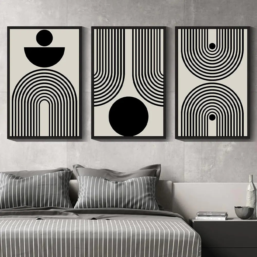 Black Abstract Wall Art Geometry Large 24x36in Minimalist Sun Lines Framed Canvas Painting Artwork Living Room Bedroom Home Decor Black Framed