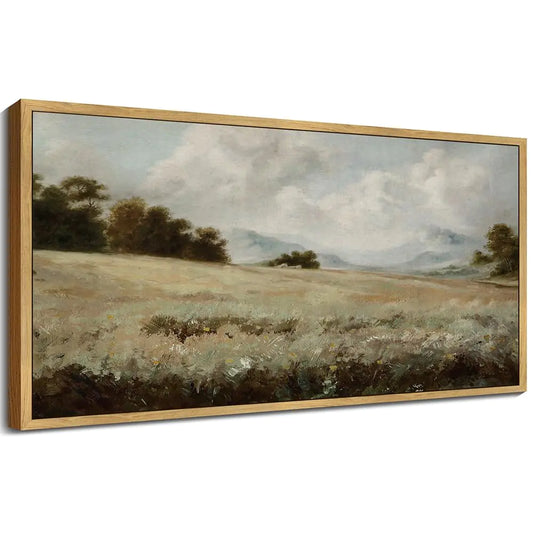20x40in Extra Large Vintage Framed Wall Art Rustic Grassland Meadow Landscape Painting Retro Wilderness Scenery Farmhouse Bedroom Above of Bed Living Room Decor - Natural Framed