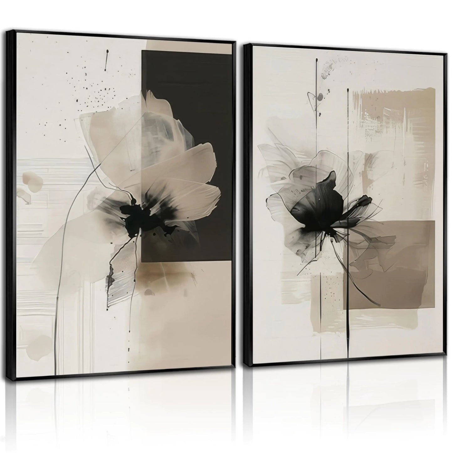 2Pcs Neutral Abstract Canvas Wall Art Floral Pictures Modern Minimalist Posters Prints Beige Black Flower Wall Decoration for Living Room Bedroom Bathroom Office 16x24in Unframed