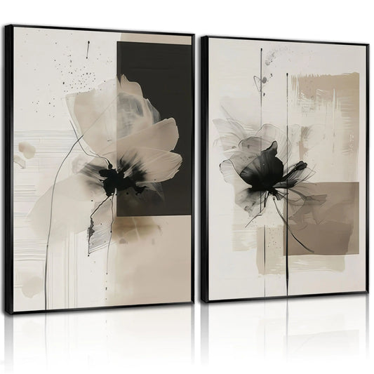 2Pcs Neutral Abstract Canvas Wall Art Floral Pictures Modern Minimalist Posters Prints Beige Black Flower Wall Decoration for Living Room Bedroom Bathroom Office 16x24in Unframed