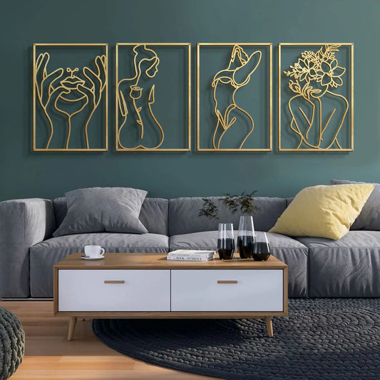 4 Pack Gold Wall Art Décor Minimalist Décor Single Line Art Wall Décor Real Metal Wall Art Abstract Wall Art (Gold Classic Style M Size 17 x 11.8)