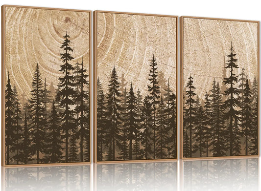 Pine Tree Framed Canvas Wall Art Set Natural Woodland Landscape Wall Decor Large Retro Forest Painting Vintage Brown Artwork for Living Room Bedroom Kitchen Study Office - 16"x24"x3