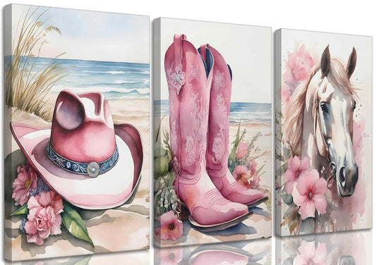 3Pcs Coastal Western Cowgirl Canvas Wall art Pink Flower Boots Hat Horse Aesthetic Painting Pictures Wall Decor Southern Girl Trendy Preppy Posters Print Artwork for Girls Room Bedroom Dorm