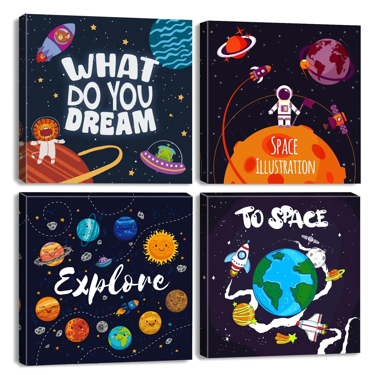 Outer Space Decor for Boys Room Bedroom Spaceship Planet Wall Art Rocket Astronaut Canvas Pictures Kids Nursery Playroom Dorm Space Themed Space Posters Classroom Toddler Home Decorations 12x12" 4P