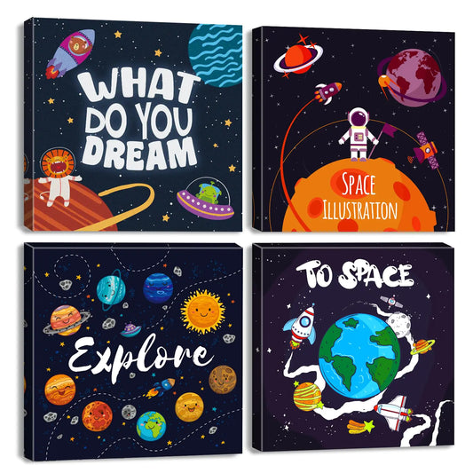 Outer Space Decor for Boys Room Bedroom Spaceship Planet Wall Art Rocket Astronaut Canvas Pictures Kids Nursery Playroom Dorm Space Themed Space Posters Classroom Toddler Home Decorations 12x12" 4P