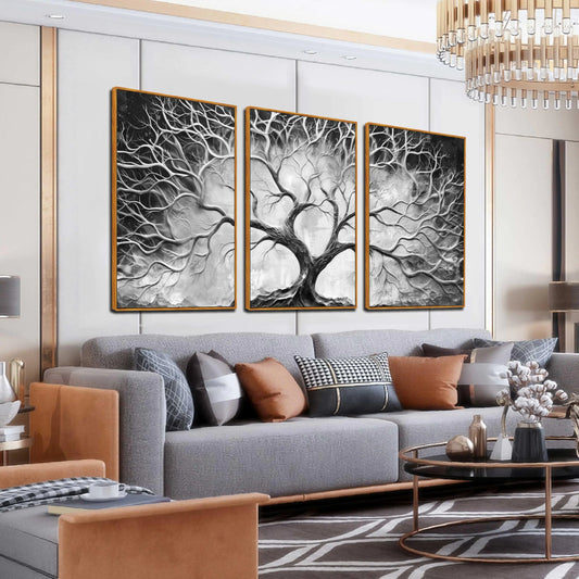 Tree of Life Canvas Wall Art - Black and White Wall Art - Abstract Wall Art for Living Room with Wooden Frames Size 24" x 36" x 3 Pieces