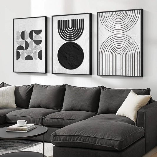 Large Framed Black and White Abstract Wall Art for Living Room Set of 3 Piece Boho Minimalist  24x36 Inch