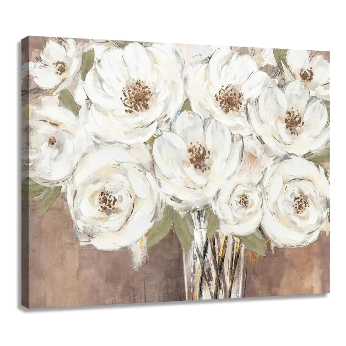 Living Room Flowers Pictures Wall Art White Floral Print on Canvas Brown Home Space Decor 24"x32"