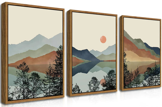Mountain Canvas Wall Art Set of 3 Boho Watercolor Poster Prints Paintings Sun Forest Abstract Nature Landscape Artwork Wall Decor for Living Room Bedroom Office 16x24 In Brown Framed