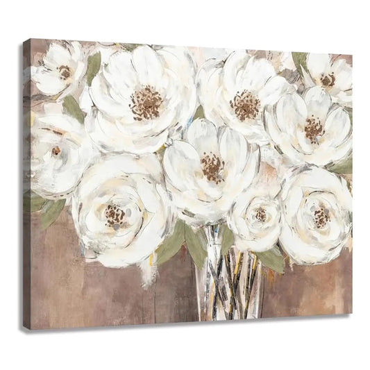 Living Room Flowers Pictures Wall Art White Floral Print on Canvas Brown Home Space Decor 24"x32"
