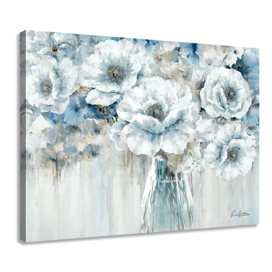 Living Room Abstract Flower Wall Art Blue and White Floral Picture on Canvas for Gray Office Bedroom Decor 40 x 30