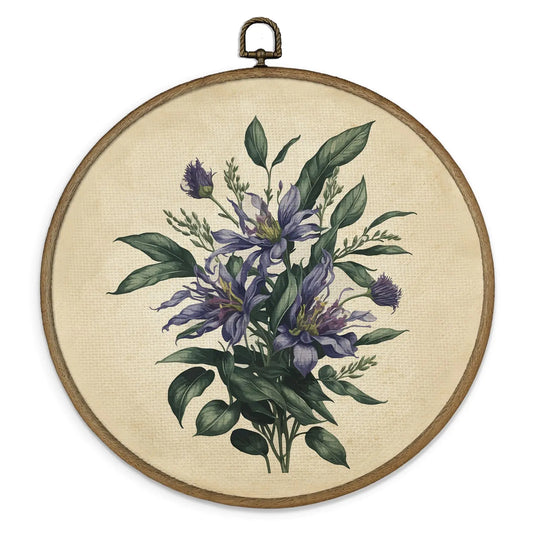 Retro Purple Floral Plant Framed Wall Art Decor Vintage Botanical Print Wildflower Round Wall Hanging Decor Purple Flower Canvas Prints Wall Art for Bedroom Kitchen Dorm Room 10x10 Inch