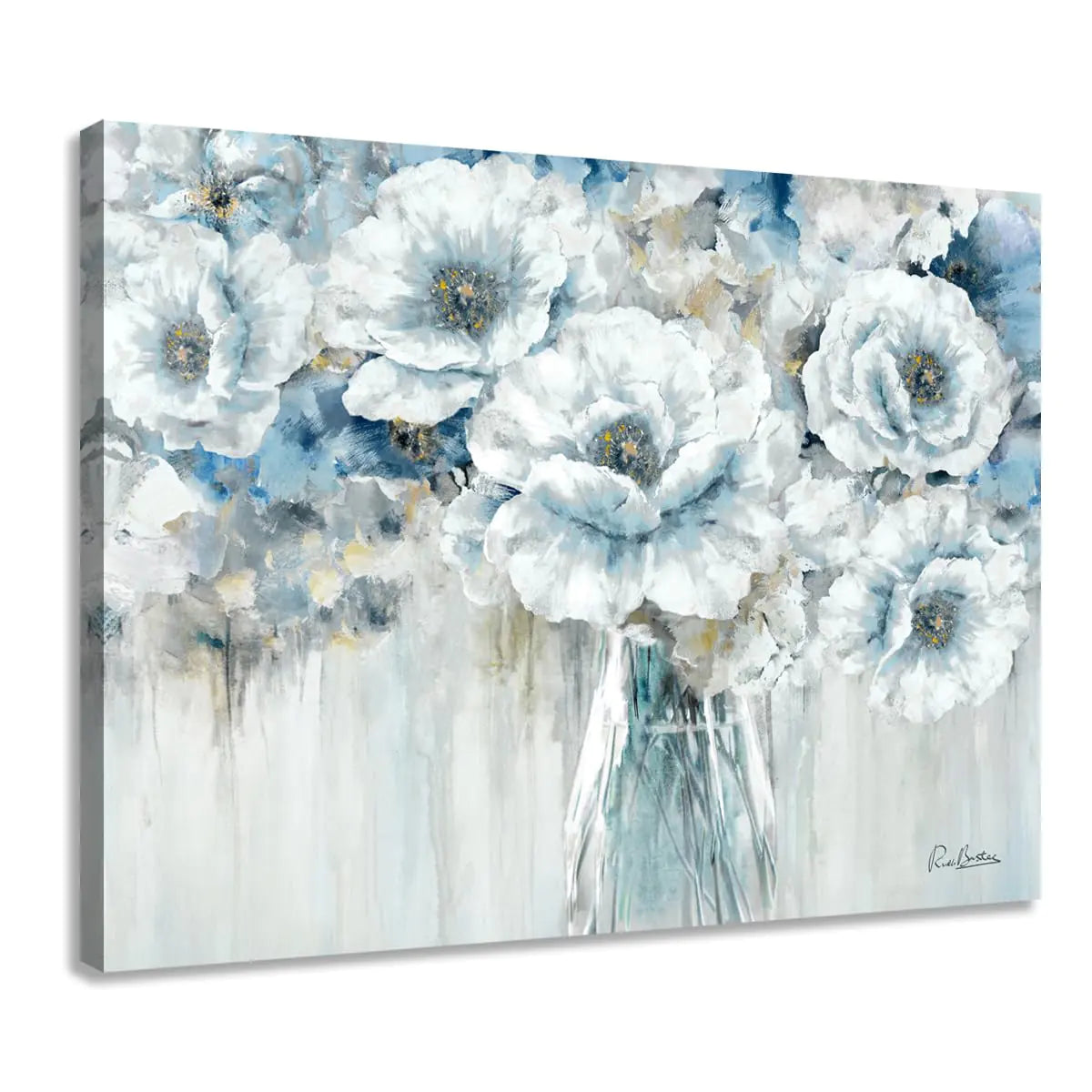 Living Room Abstract Flower Wall Art Blue and White Floral Picture on Canvas for Gray Office Bedroom Decor 40 x 30