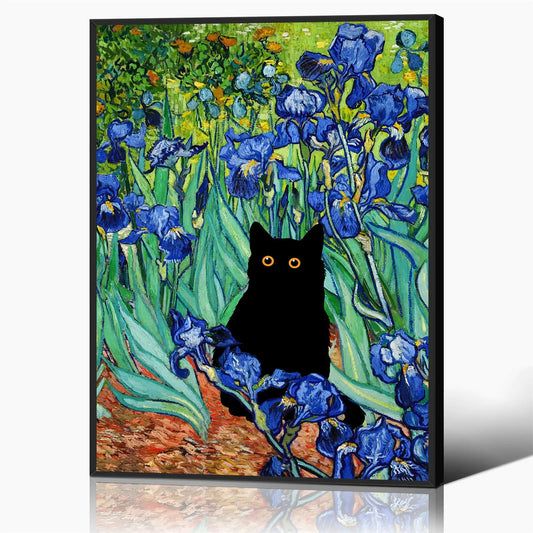 Van Gogh Irises Canvas Wall Art Famous Oil Paintings Garden Flower Black Cat Poster Funny Cat Floral Print Colorful Abstract Farmhouse Gallery Aesthetic Room Wall Decor for Bathroom 24x36in Framed