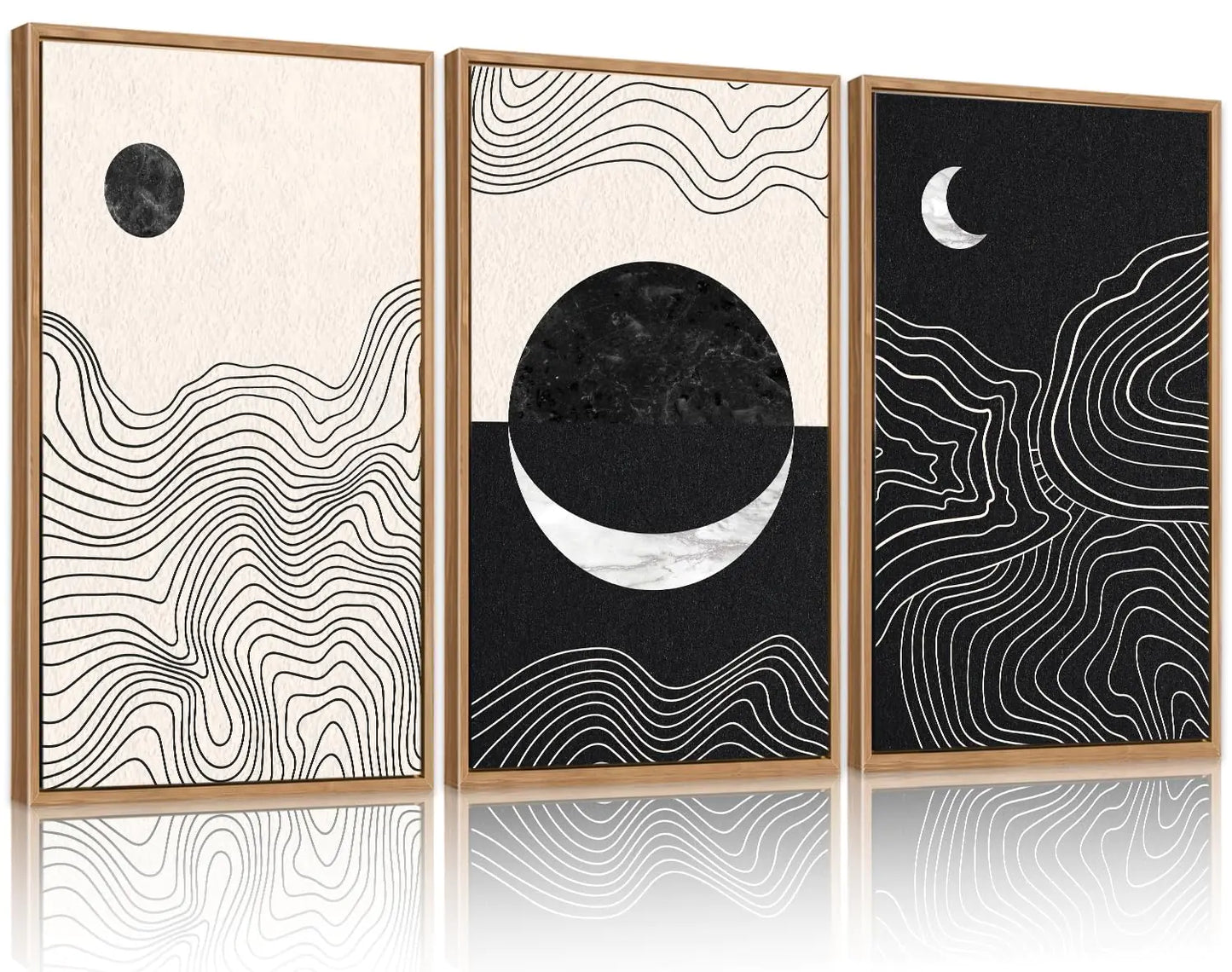 Abstract Sun Moon Framed Canvas Art Prints Set(16"x24") 3 Panels Modern Neutral Black and White Artwork Painting Large Boho Minimalist Fine Line Wall Art Home Decor for Bedroom Living Room