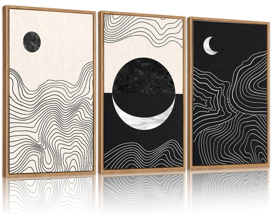 Abstract Sun Moon Framed Canvas Art Prints Set(16"x24") 3 Panels Modern Neutral Black and White Artwork Painting Large Boho Minimalist Fine Line Wall Art Home Decor for Bedroom Living Room