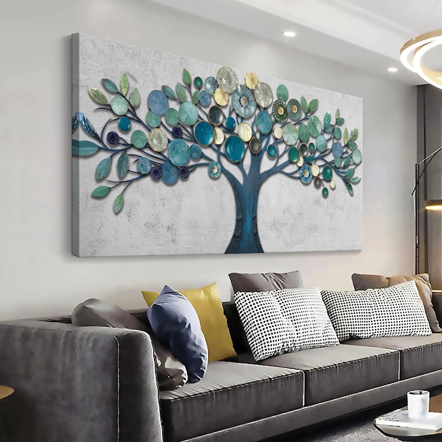 Wall Art Living Room - Large Teal Blue Tree of Life Abstract Landscape Painting Modern Print Artwork for Dining Room Bedroom Bathroom Office Home Decor 48"x24"