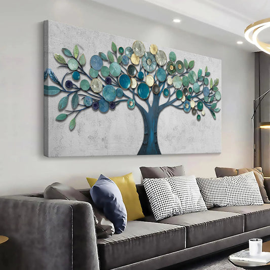 Wall Art Living Room - Large Teal Blue Tree of Life Abstract Landscape Painting Modern Print Artwork for Dining Room Bedroom Bathroom Office Home Decor 48"x24"