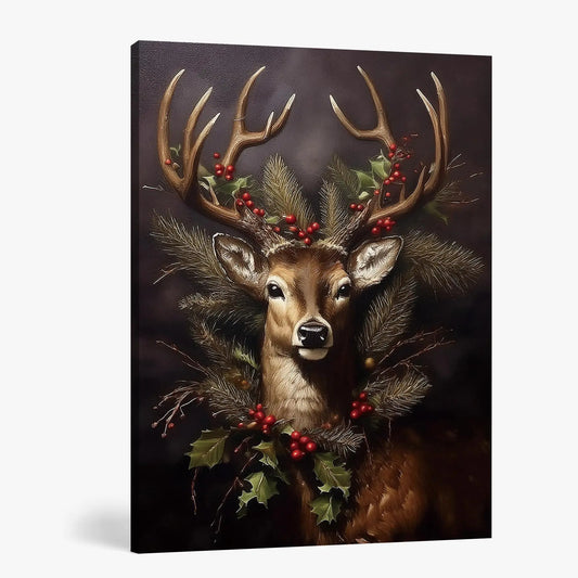 Deer Pictures Wall Decor Vintage Christmas Reindeer Holly Canvas Wall Art Prints Christmas Wall Decorations Christmas Poster Pictures Wall Decor for Home Office 11x14 Inch Framed
