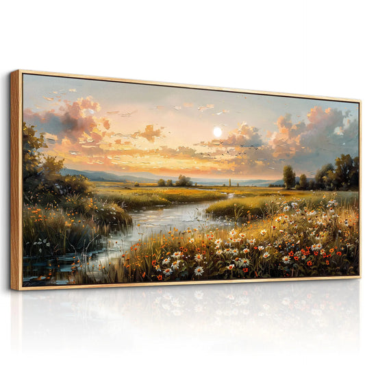 Large Wood Framed Wall Decor For Living Room Canvas Wall Art For Office Modern Wall Decorations For Bedroom Sunset Landscape Painting Farmhouse Pictures Artwork Room Home Decor 24x48 In