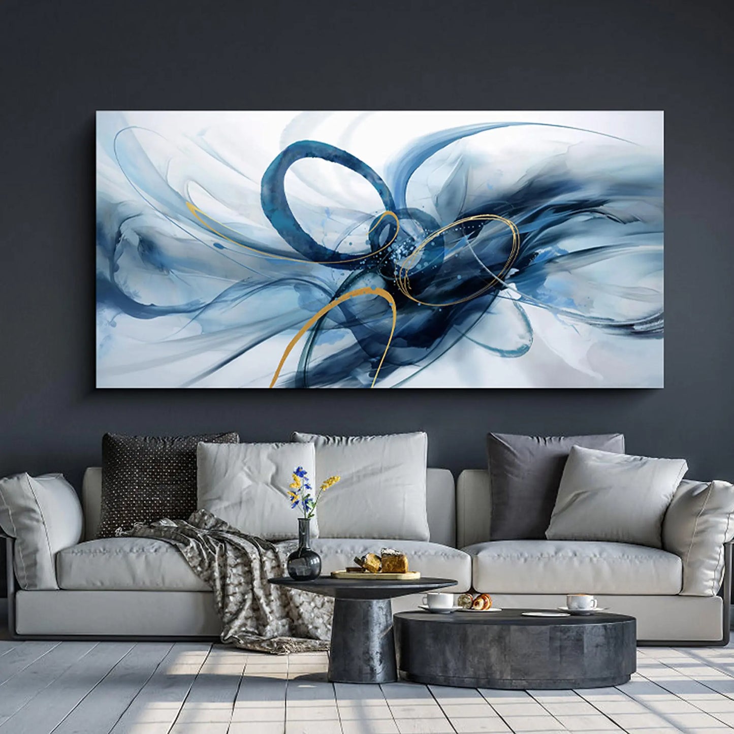 Extra Large Canvas Wall Art - Modern Abstract Abstract Wall Art for Living Room Wall Decor Blue and White Picture Artwork for Living Room Office Bedroom Home Decoration