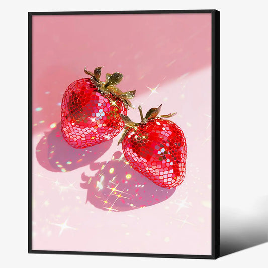 Bling Disco Strawberries Wall Art Trendy Pink Bar Disco Preppy Poster 08x10 inch Black Framed Vintage Kitchen Fruit Art Canvas Prints for Girly Bedroom Wall Decor