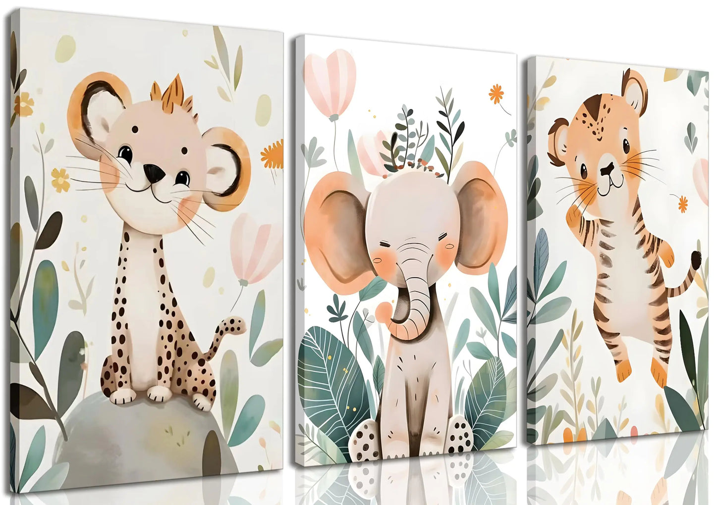 3 Pcs Safari Animals Nursery Canvas Wall Art Jungle Animals Cheetah Elephant Tiger Kids Room Illustration Pictures Wall Decor Posters Print Artwork for Classroom Boys Girls Room Bedroom