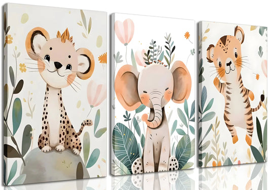 3 Pcs Safari Animals Nursery Canvas Wall Art Jungle Animals Cheetah Elephant Tiger Kids Room Illustration Pictures Wall Decor Posters Print Artwork for Classroom Boys Girls Room Bedroom