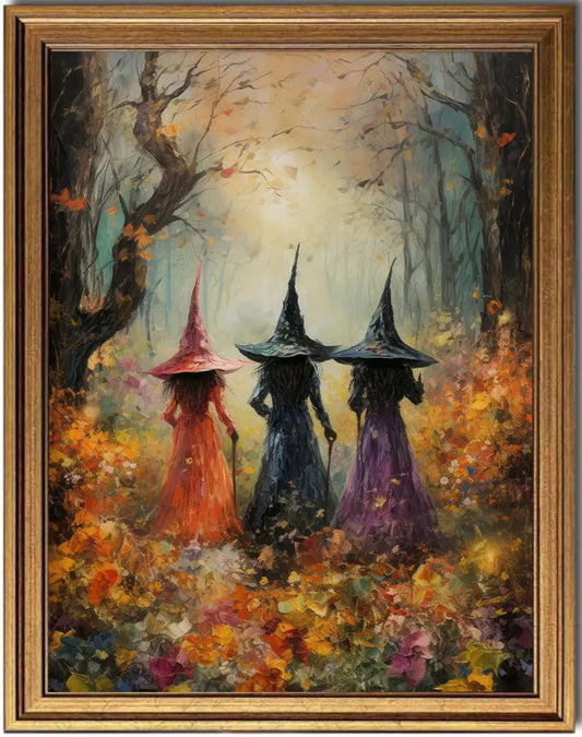 Gold Framed Halloween Room Decor Wall Art Prints Vintage Witch Halloween  12"x16"