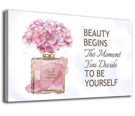 arteWOODS Fashioner Perfume Canvas Wall Art Gold Bottle Pink Flower Canvas Pictures Brown Inspirational Words Canvas Prints Motivational Quetos Wall Decor for Bathroom Bedroom Powder Room 24" X 16"
