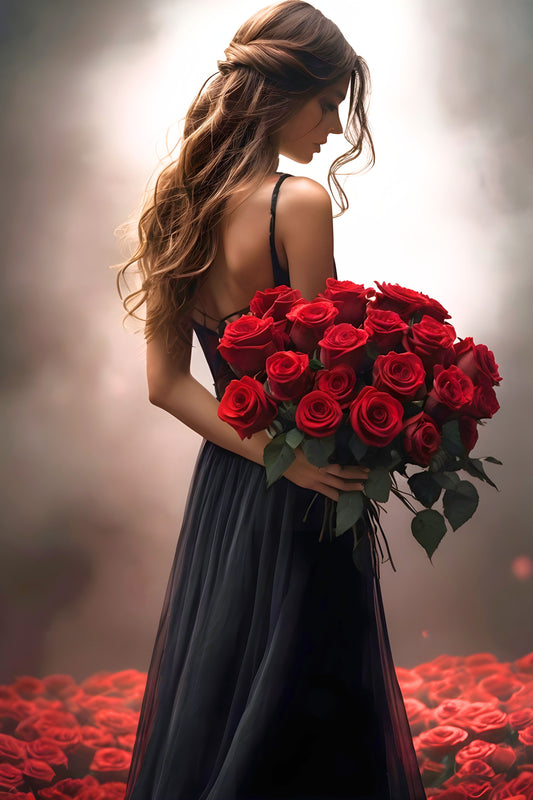 “Back to Love” – Romantic Wall Art with Woman Holding Red Roses | Feminine Printable Poster | Dark Floral Decor