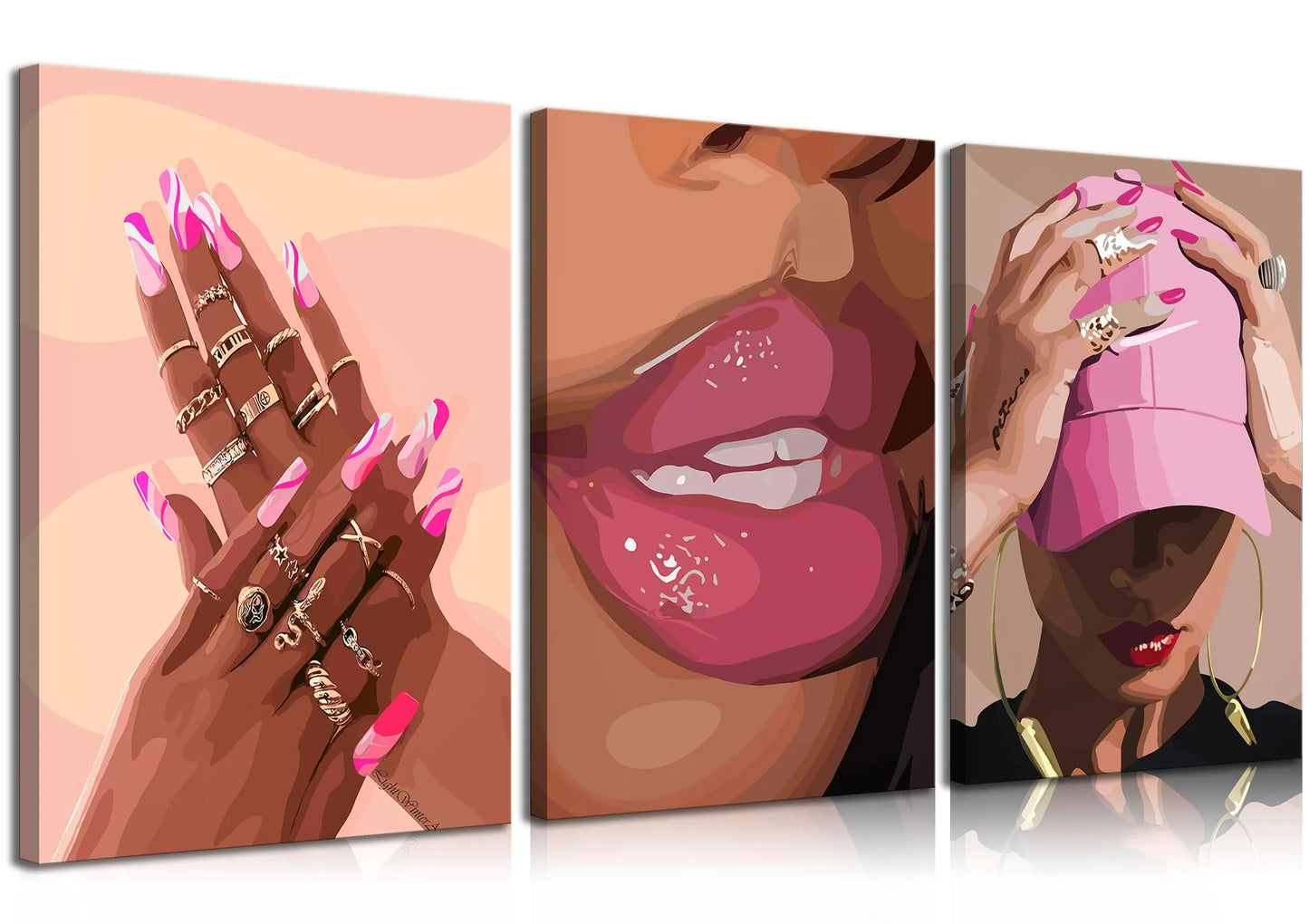 3Pcs African American Black Woman Canvas Wall Art pink Fashion Black Girl Wall Decor Pictures Posters Prints for Home Living Room Bedroom Bathroom Decoration Prepare to hang