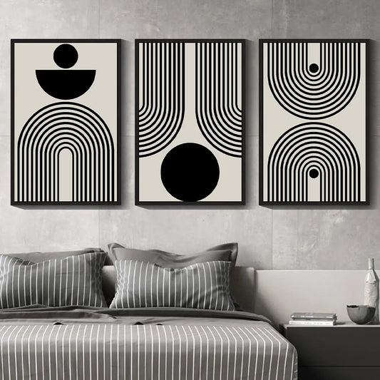 Black Abstract Wall Art Geometry Large 24x36in Minimalist Sun Lines Framed Canvas Painting Artwork Living Room Bedroom Home Decor Black Framed