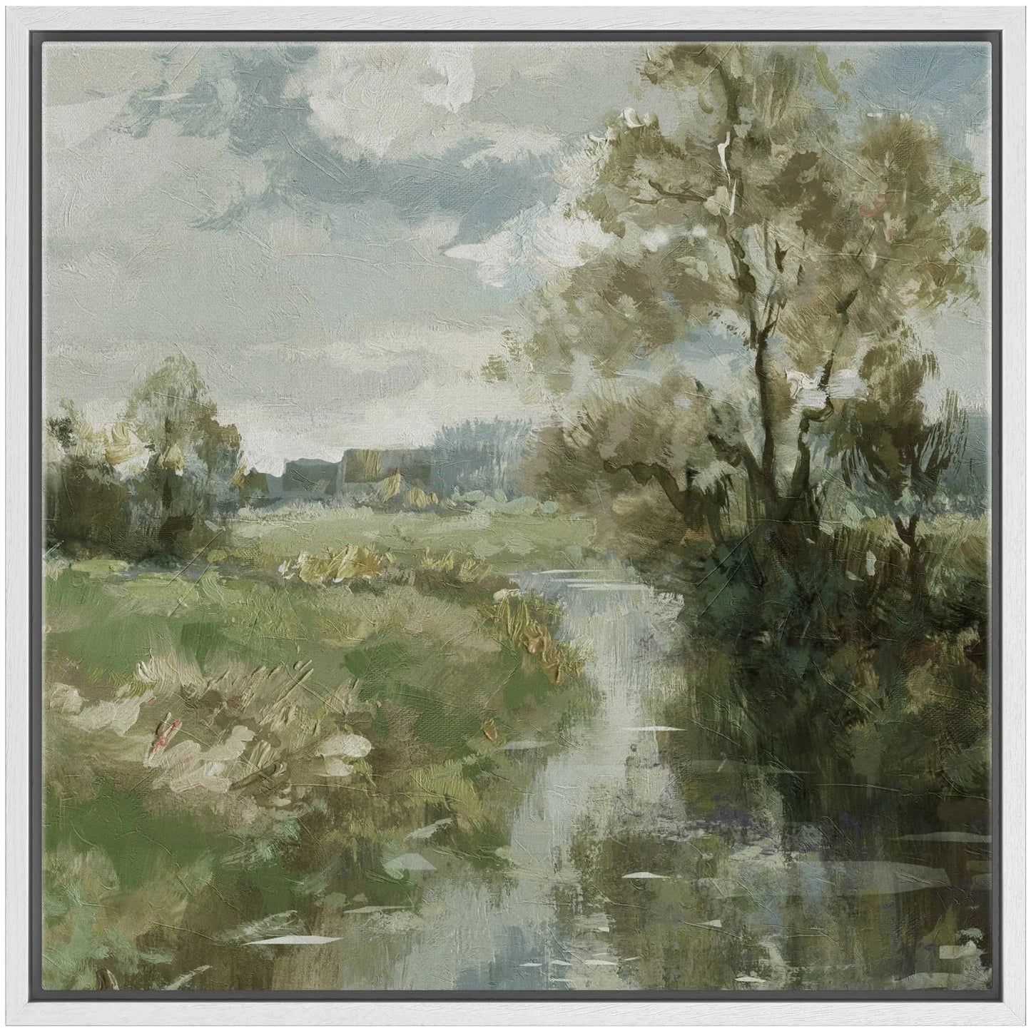 Framed Canvas Print Wall Art Pastoral River Landscape Serene Nature Wilderness Illustrations Modern Art Rustic Zen Landscape Colorful for Living Room Bedroom Office - 16"x16" White