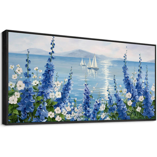 Large Sailboat Wall Art - Blue Canvas Abstract Painting Textured Picture Artwork Vintage Nautical Flower Painting Coastal Modern Print 29"x58" Frame for Living Room Bedroom Home Decoration
