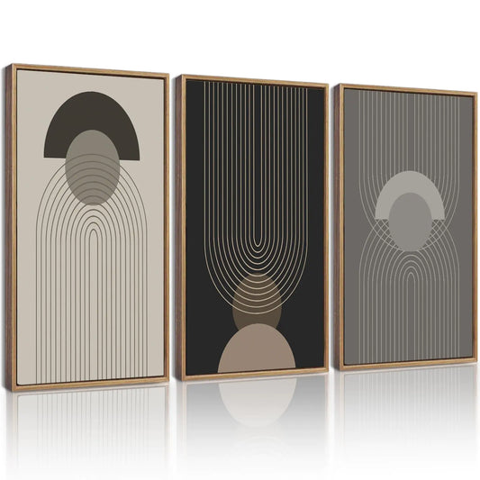 Boho Vintage Line Framed Canvas Print Wall Art 16x24in Large Mid Century Bohemain Abstract Modern Art Decorative for Living Room Bedroom Office - Natural Framed