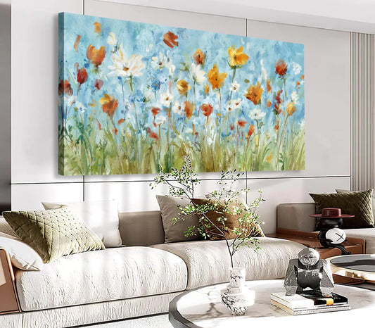 Wildflowers Canvas Wall Art Daisy Flowers Canvas Pictures Abstract Orange Red Green Floral Blossom Landscape Painting for Living Room Bedroom Kitchen Dining Room Home Office Decor 20"x40"