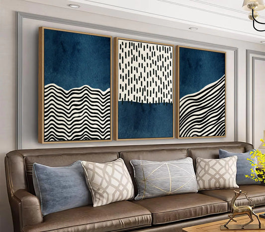 Framed Wall Art Canvas Set Mid Century Boho Picture Modern Abstract Geometric Lines Wall Decor Minimalist Black Indigo Canvas Painting Artwork Living Room Bedroom Home Office 16"x24"x3 Natural